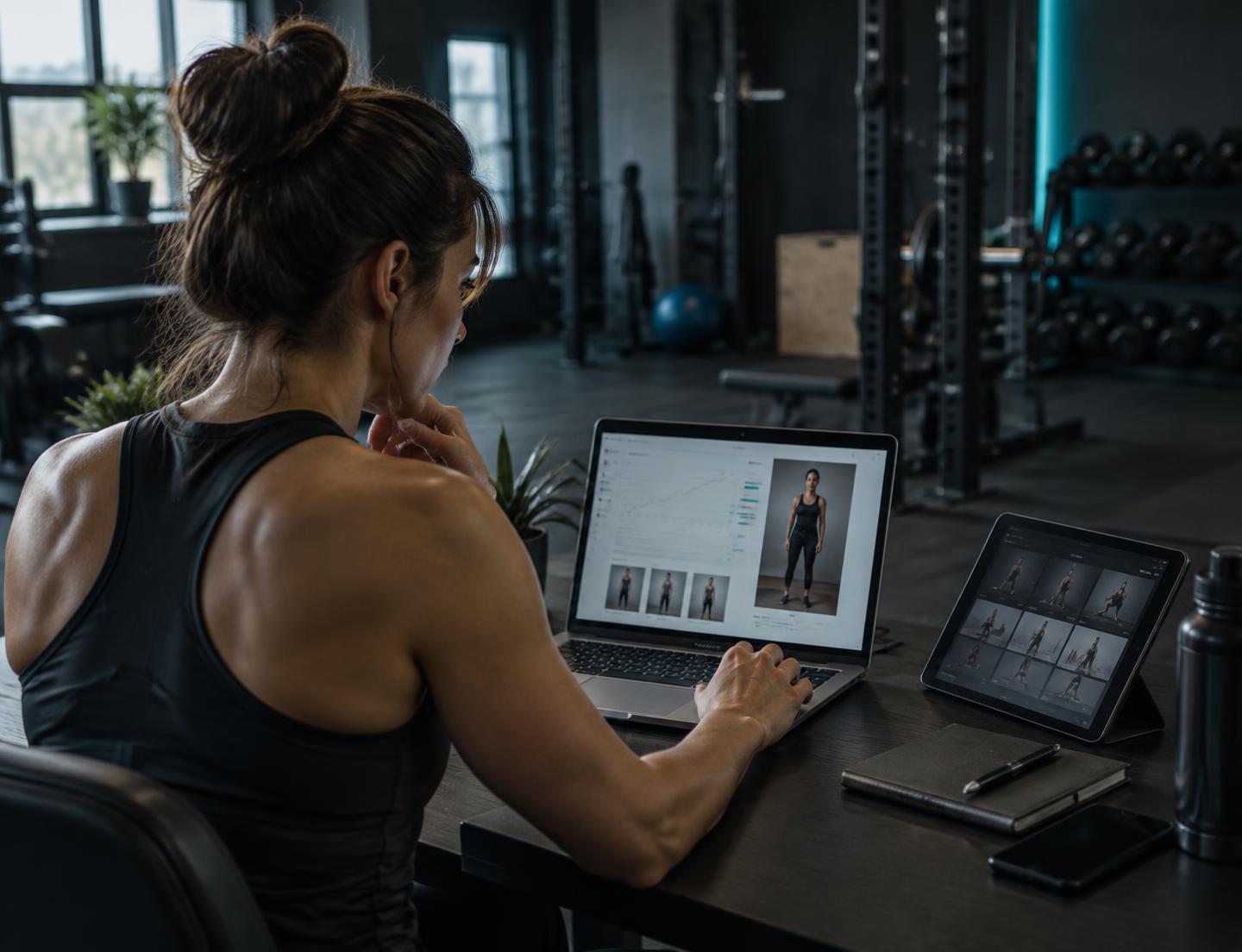 Fitness coach reviewing client training and progress in a studio